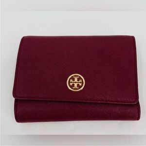 Tory Burch Robinson Medium Flap Wallet Saffiano Leather Burgundy Bifold roomy